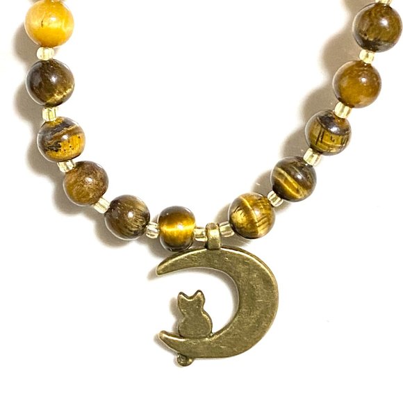 Tigers Eye Bronze Cat on the Moon Necklace, Genuine Gemstone Beaded Necklace - Picture 8 of 10